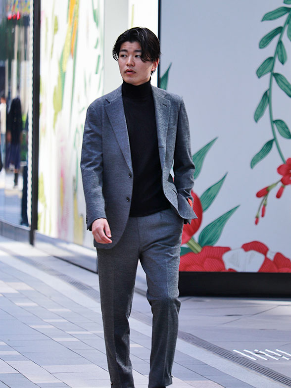 タートルニットで合わせるメリノジャージースタイル