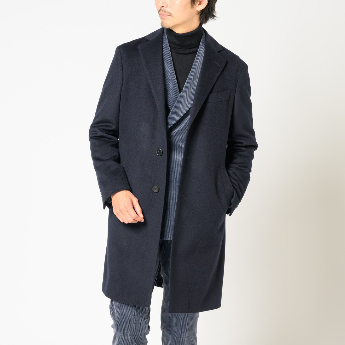 テーラーズC カシミヤ100%　シングルチェスターコート ネイビー