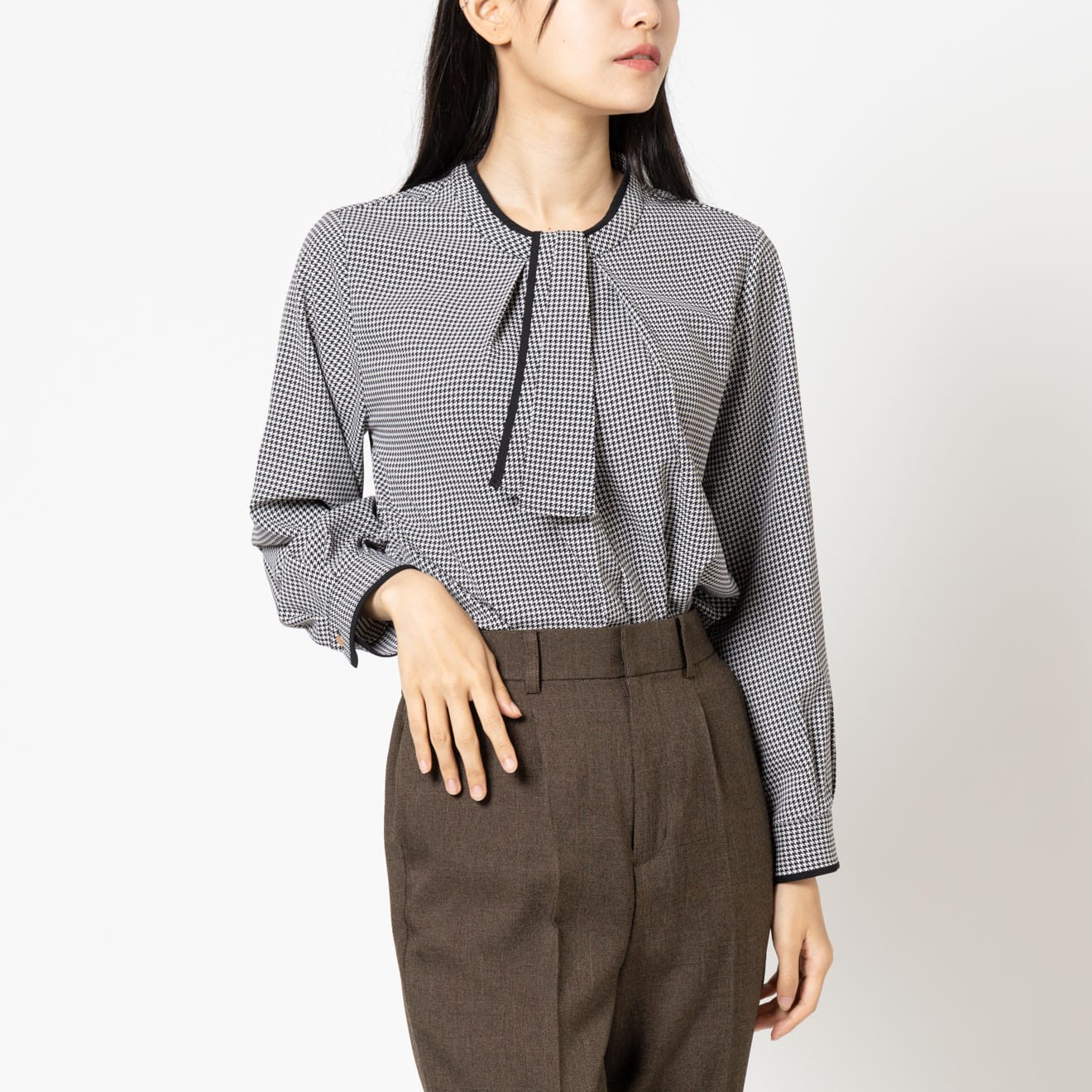 九分袖 / ボウタイ付きブラウス 千鳥柄