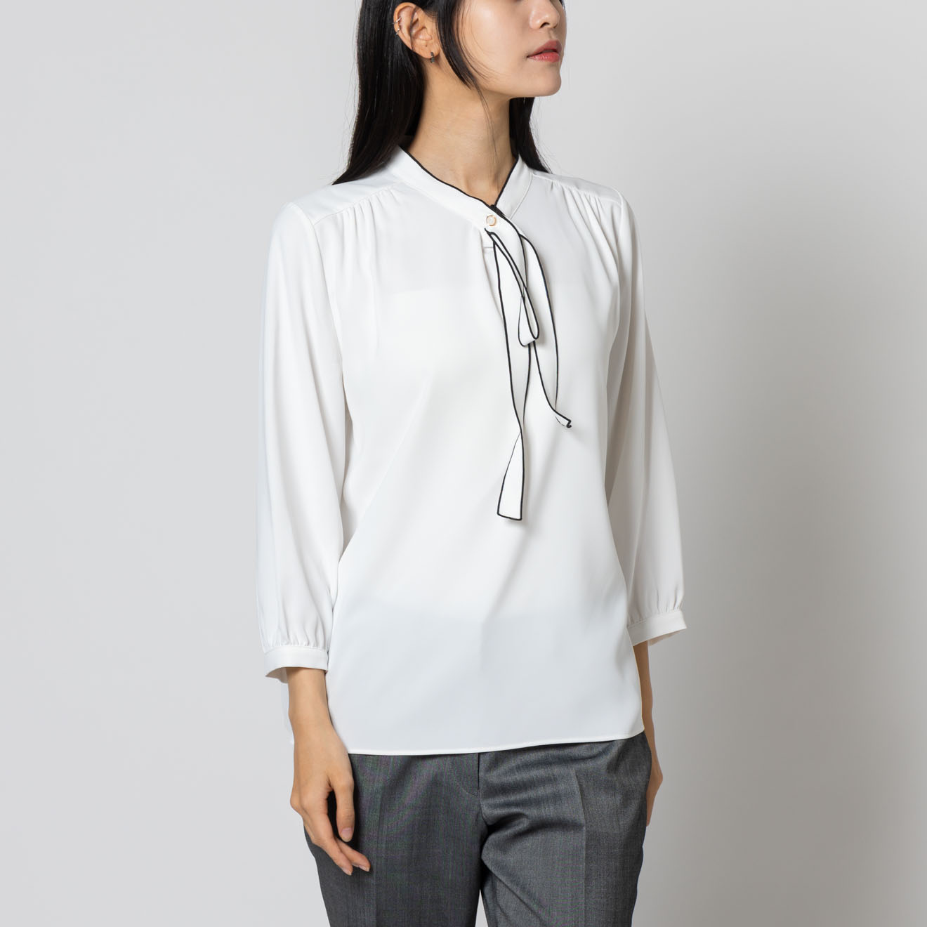 七分袖 / バイカラーボウタイ ブラウス　ホワイト