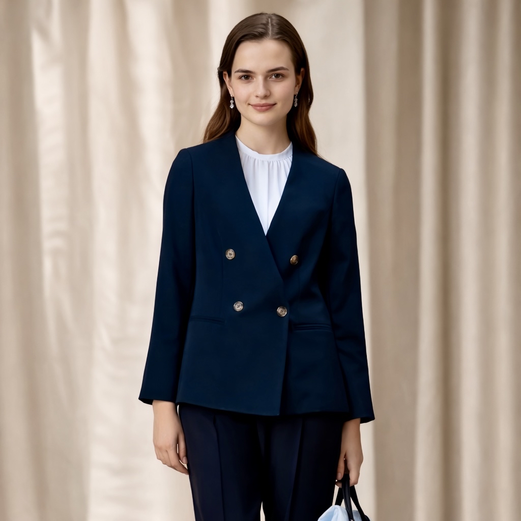 ノーカラーダブルジャケットで格式ある佇まい